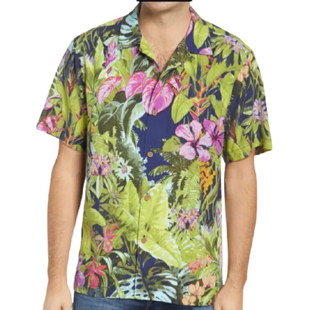 Tommy Bahama XL Lush Oasis Island Navy Blue Silk Camp Shirt Floral Hawaiian